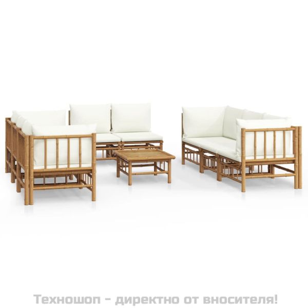 Градински лаундж комплект с кремави възглавници 9 части бамбук