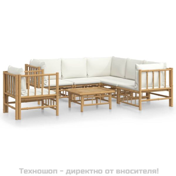 Градински лаундж комплект с кремави възглавници 7 части бамбук
