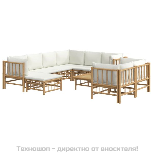Градински лаундж комплект с кремави възглавници 10 части бамбук