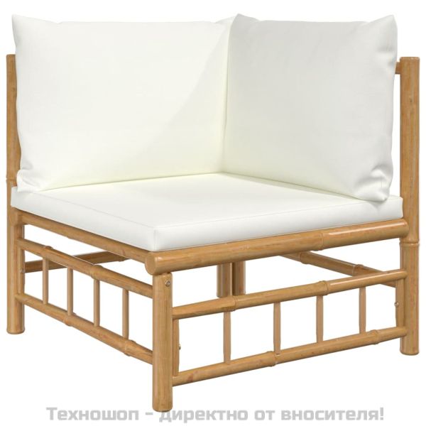 Градински лаундж комплект с кремави възглавници 10 части бамбук