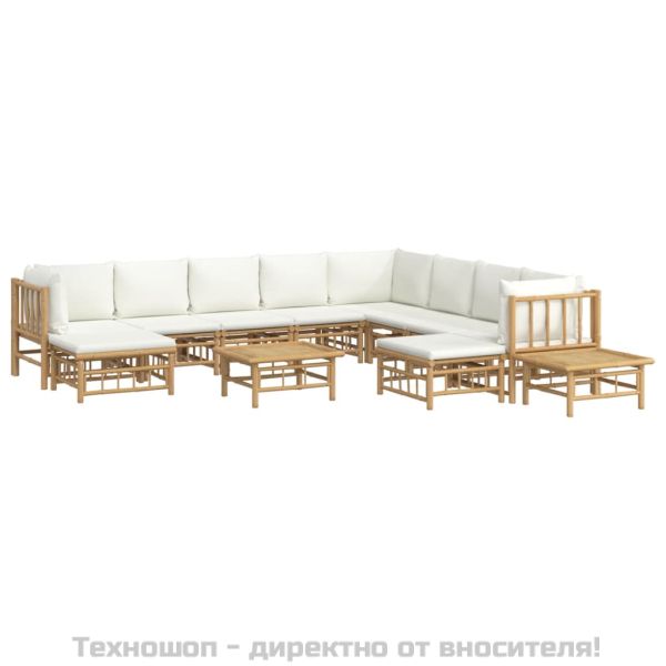 Градински лаундж комплект с кремави възглавници 12 части бамбук