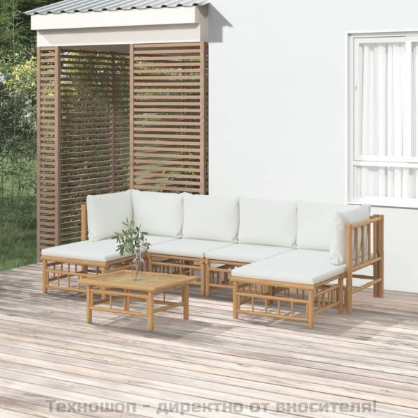 Градински лаундж комплект с кремави възглавници 7 части бамбук