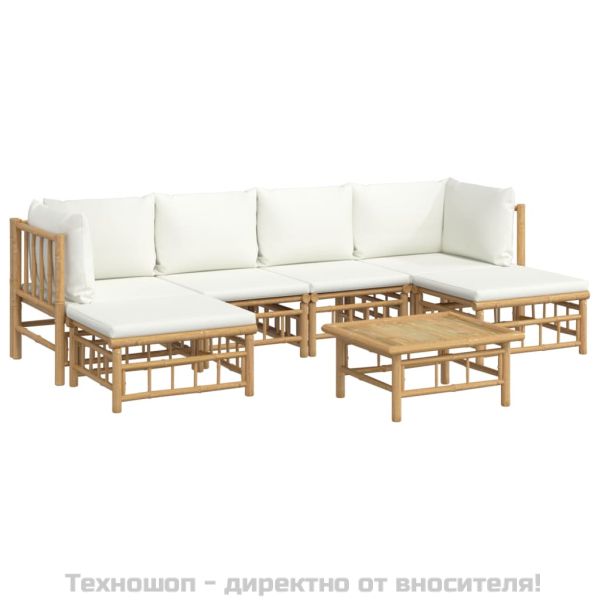 Градински лаундж комплект с кремави възглавници 7 части бамбук