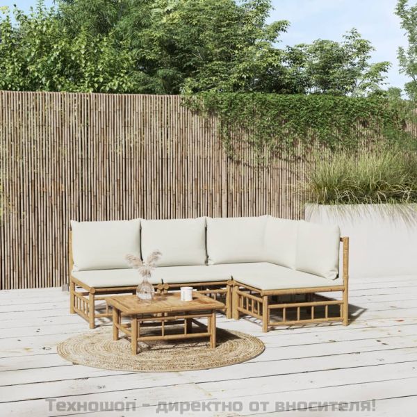 Градински лаундж комплект с кремави възглавници 5 части бамбук