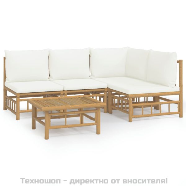 Градински лаундж комплект с кремави възглавници 5 части бамбук