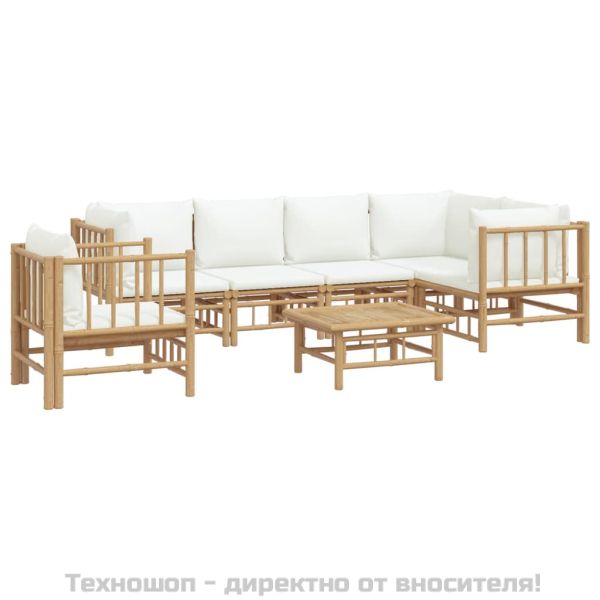 Градински лаундж комплект с кремави възглавници 7 части бамбук