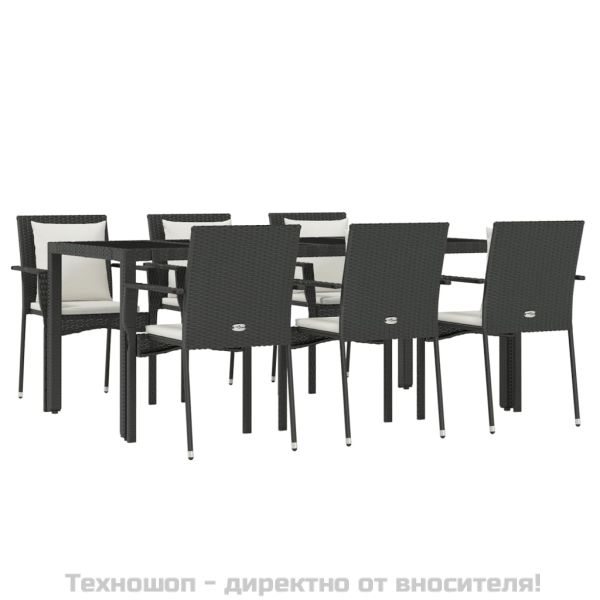 Градински трапезен комплект 7 части възглавници черен полиратан