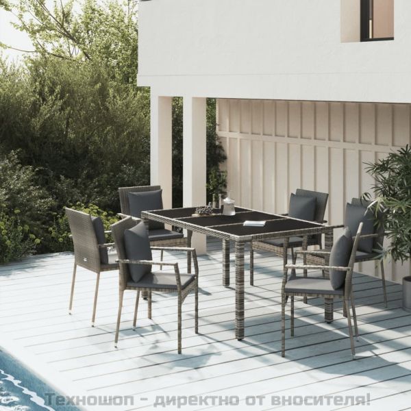 Градински трапезен комплект 7 части с възглавници сив полиратан