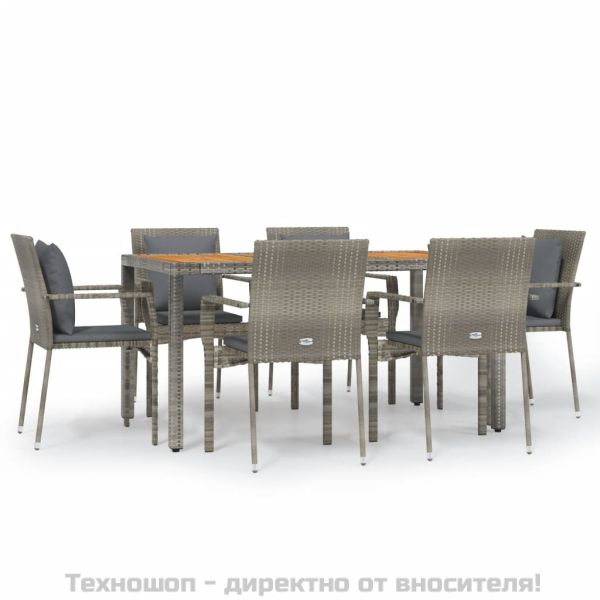 Градински трапезен комплект 7 части с възглавници сив полиратан