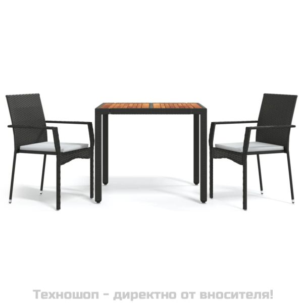 Градински комплект от 3 части с възглавници черни полиратан