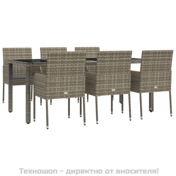 Градински трапезен комплект 7 части с възглавници сив полиратан