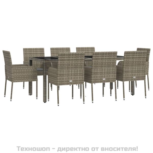 Градински трапезен комплект 9 части с възглавници сив полиратан