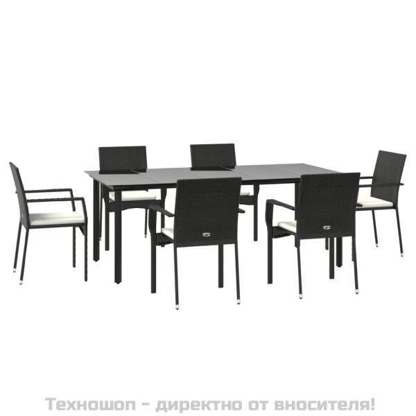 Градински трапезен комплект 7 части възглавници черен полиратан