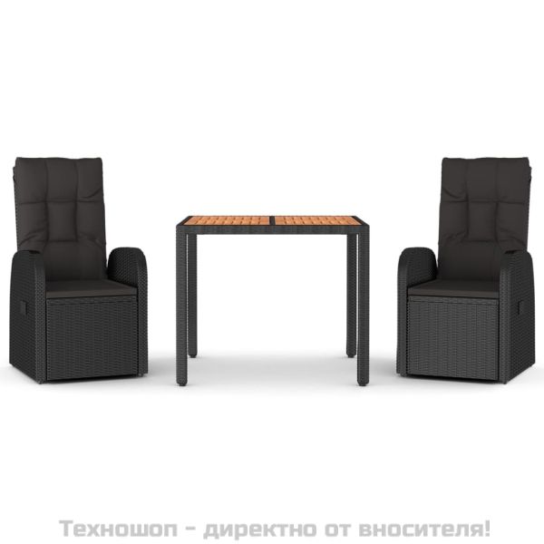 Градински комплект от 3 части с възглавници черни полиратан