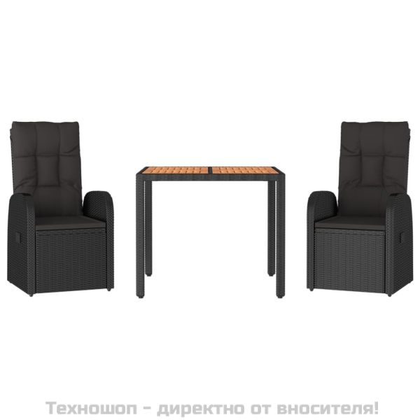 Градински комплект от 3 части с възглавници черни полиратан