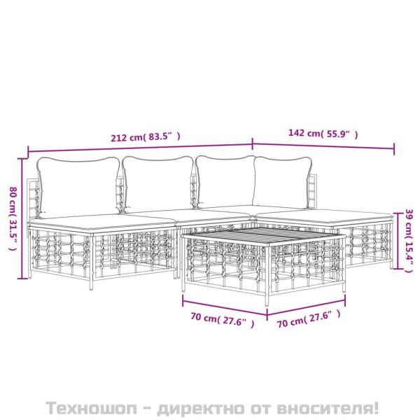 Градински комплект с възглавници 5 части антрацит полиратан