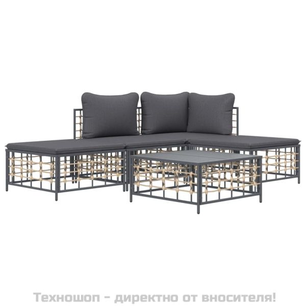 Градински комплект с възглавници 5 части антрацит полиратан