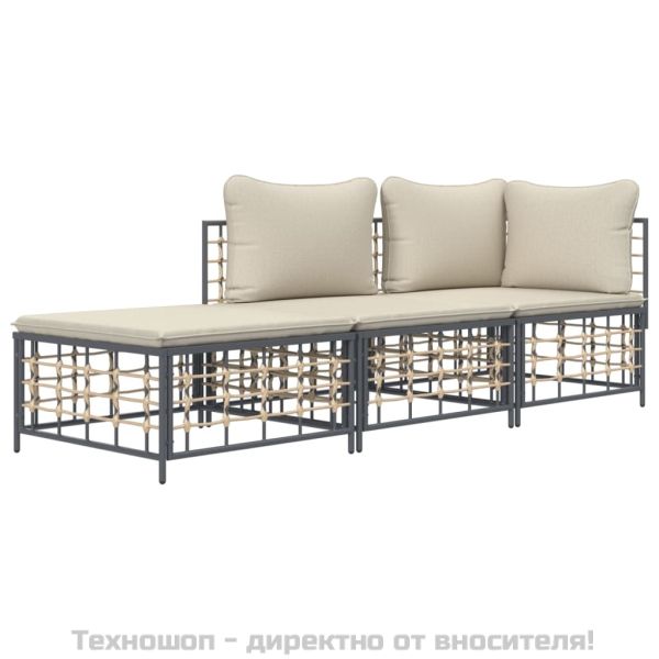 Градински комплект с възглавници 3 части антрацит полиратан