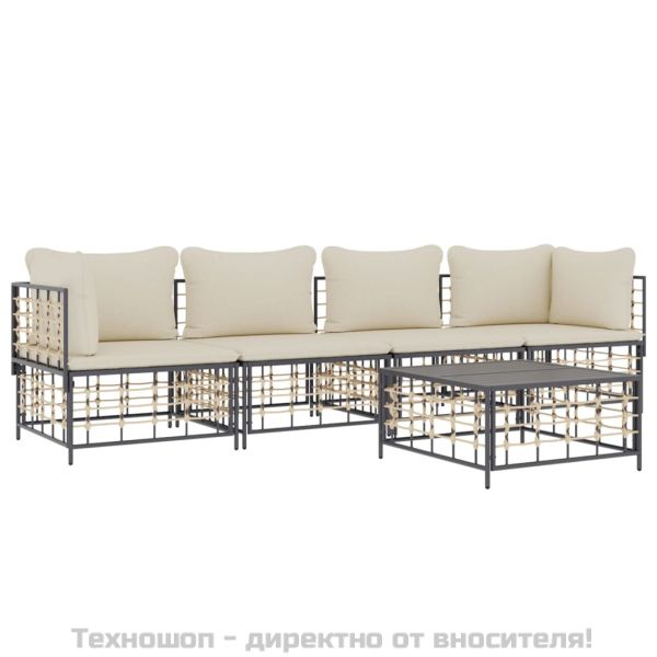 Градински комплект с възглавници 5 части антрацит полиратан