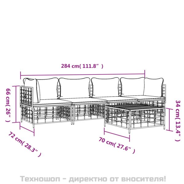Градински комплект с възглавници 5 части антрацит полиратан