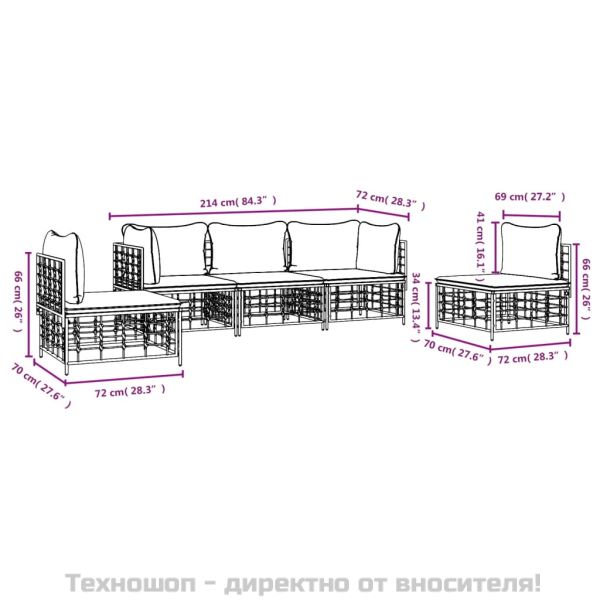 Градински комплект с възглавници 5 части антрацит полиратан