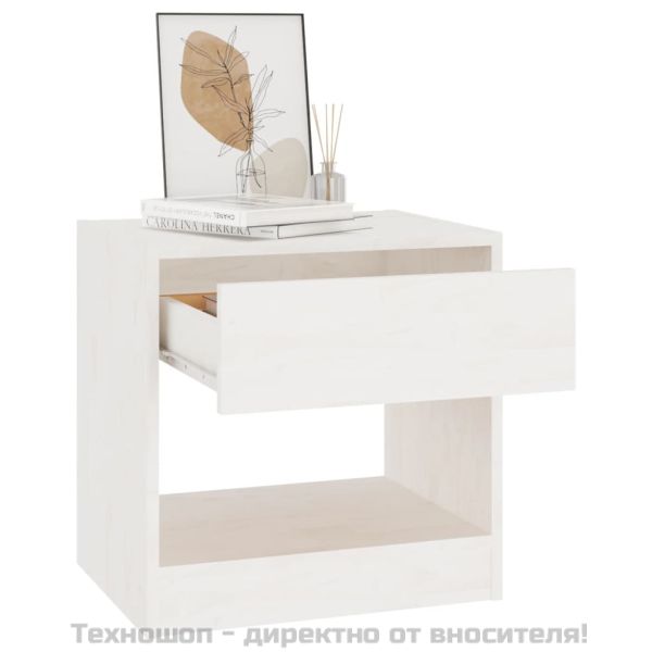 Нощно шкафче, бяло, 40x31x40 см, борово дърво масив