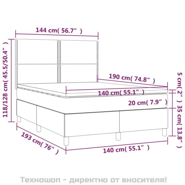 Боксспринг легло с матрак и LED, синьо, 140x190 см, плат