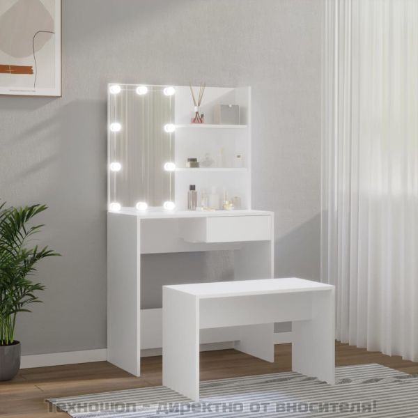 Комплект тоалетка с LED, бяла, инженерно дърво