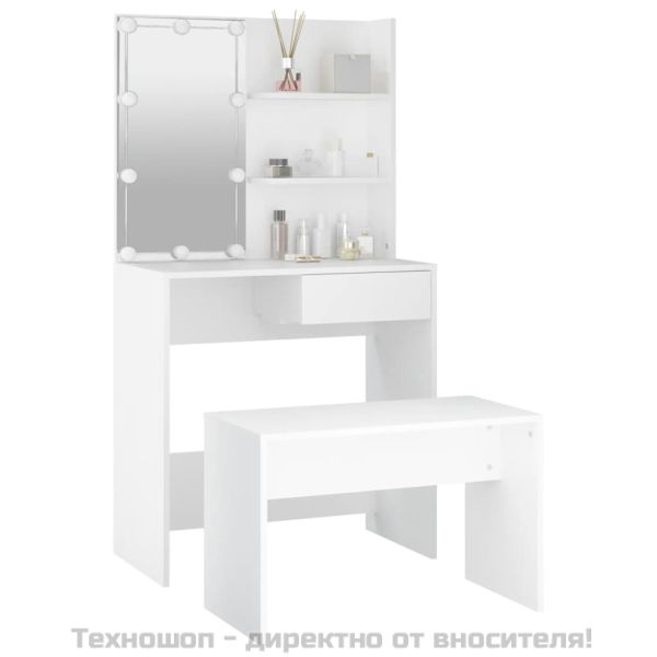 Комплект тоалетка с LED, бяла, инженерно дърво