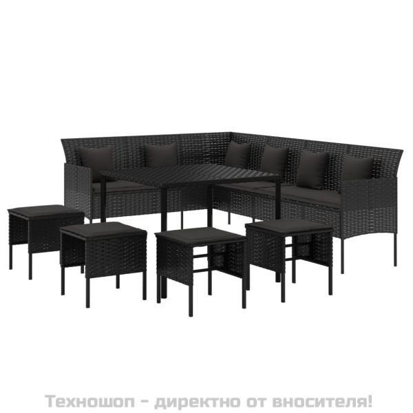 Градински комплект с възглавници, 6 части, черен, полиратан