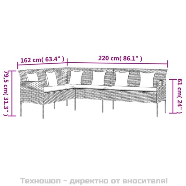 Градински комплект с възглавници, 6 части, черен, полиратан