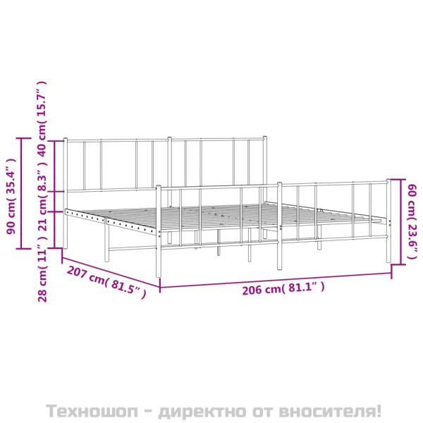 Метална рамка за легло с горна и долна табла, черна, 200x200 см