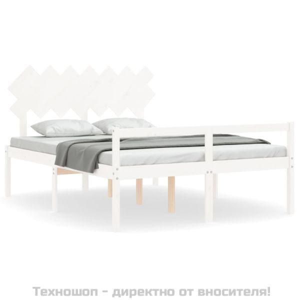 Легло за възрастни с табла, бяло, King Size, масивно дърво