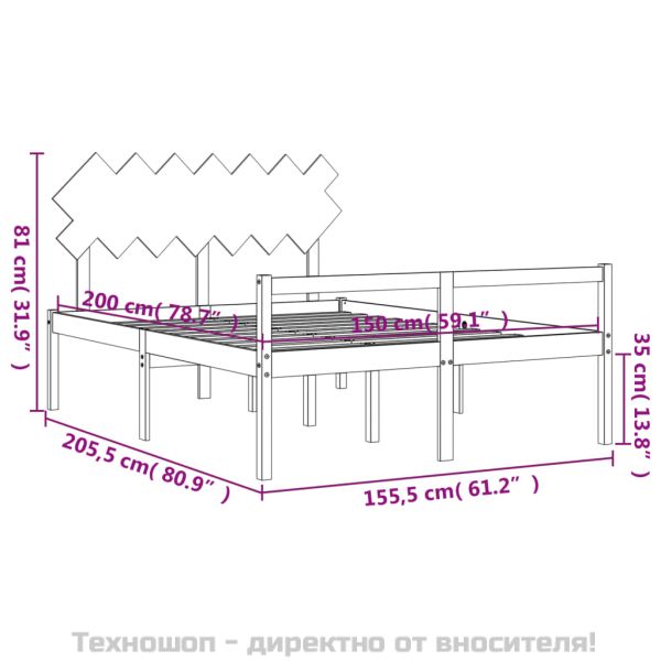 Легло за възрастни с табла, бяло, King Size, масивно дърво