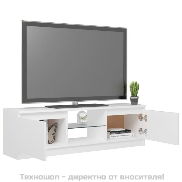 ТВ шкаф с LED осветление, бял, 120x30х36 см