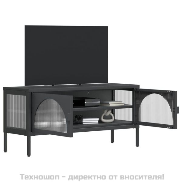 ТВ шкаф, черен, 105x35x50 см, стъкло и стомана