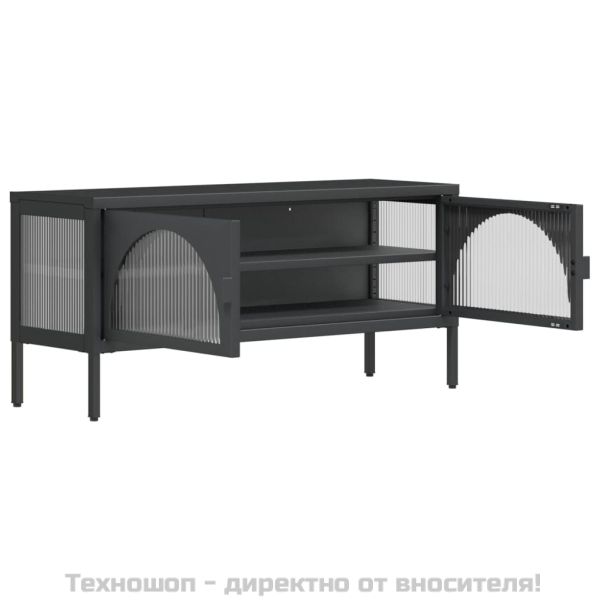 ТВ шкаф, черен, 105x35x50 см, стъкло и стомана