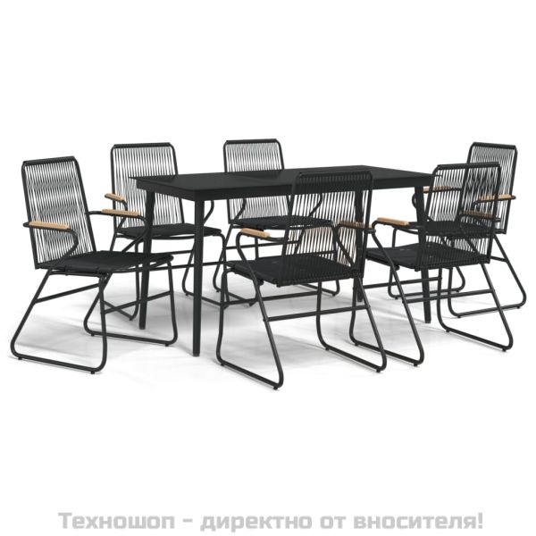Градински трапезен комплект от 7 части, черно, PVC ратан