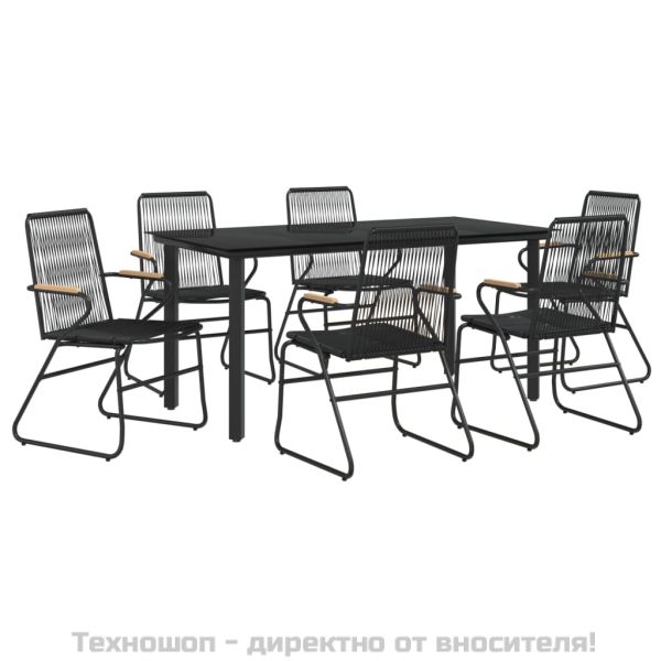 Градински трапезен комплект от 7 части, черно, PVC ратан