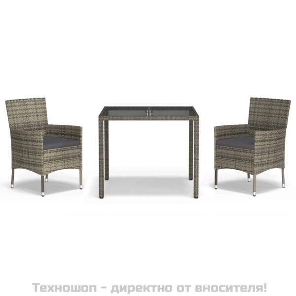 Градински трапезен комплект 3 части с възглавници сив полиратан