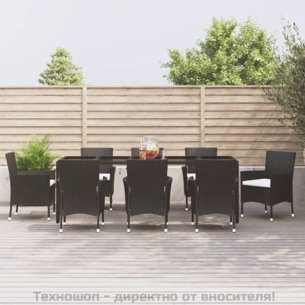 Градински трапезен комплект възглавници 9 части черен полиратан