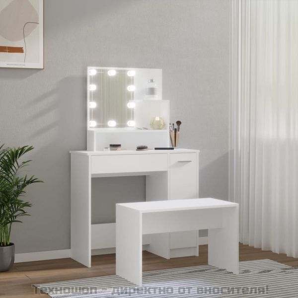 Комплект тоалетка с LED, бяла, инженерно дърво