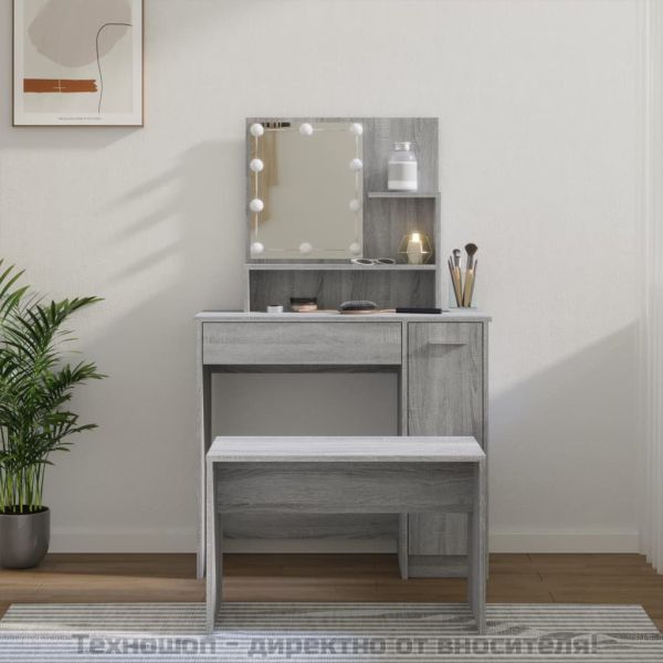 Комплект тоалетка с LED, сив сонома, инженерно дърво