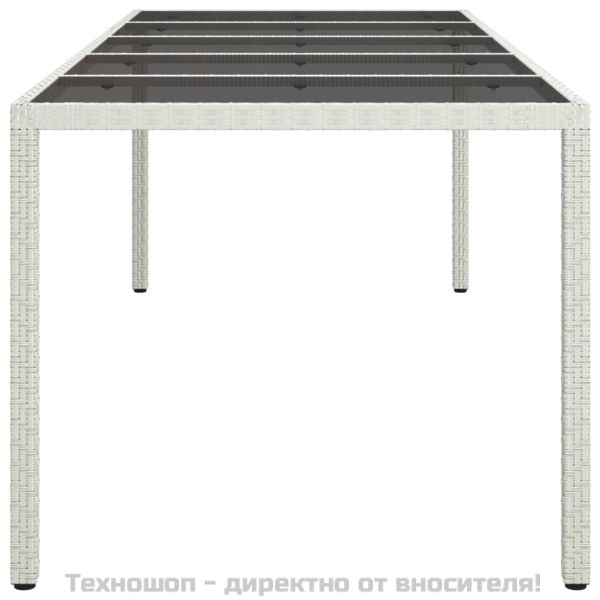 Градинска маса бяла 250x100x75 см полиратан и закалено стъкло