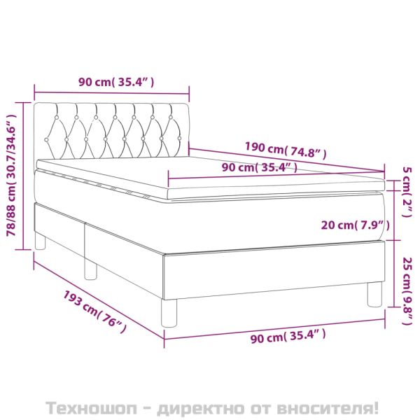 Боксспринг легло с матрак, тъмносив, 90x190 см, плат