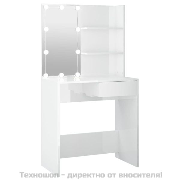 Тоалетка с LED, бял гланц, 74,5x40x141 см