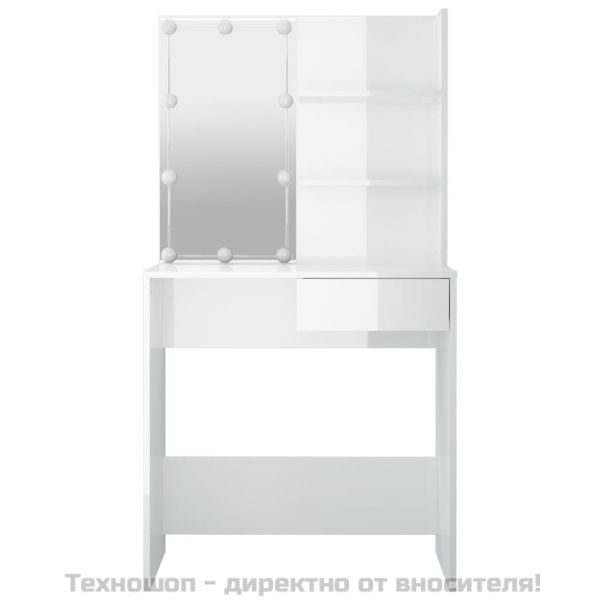 Тоалетка с LED, бял гланц, 74,5x40x141 см