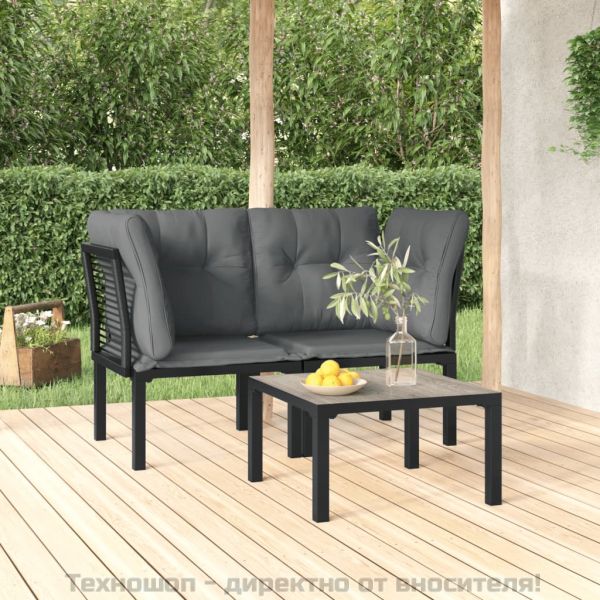 Градински лаундж комплект 3 части черно и сиво полиратан