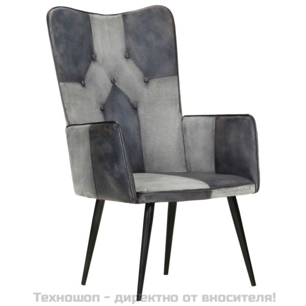 Wingback стол, сив, естествена кожа