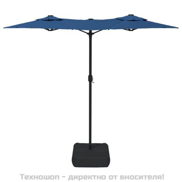 Градински чадър с двоен покрив и LED, лазурносин, 316x145 см
